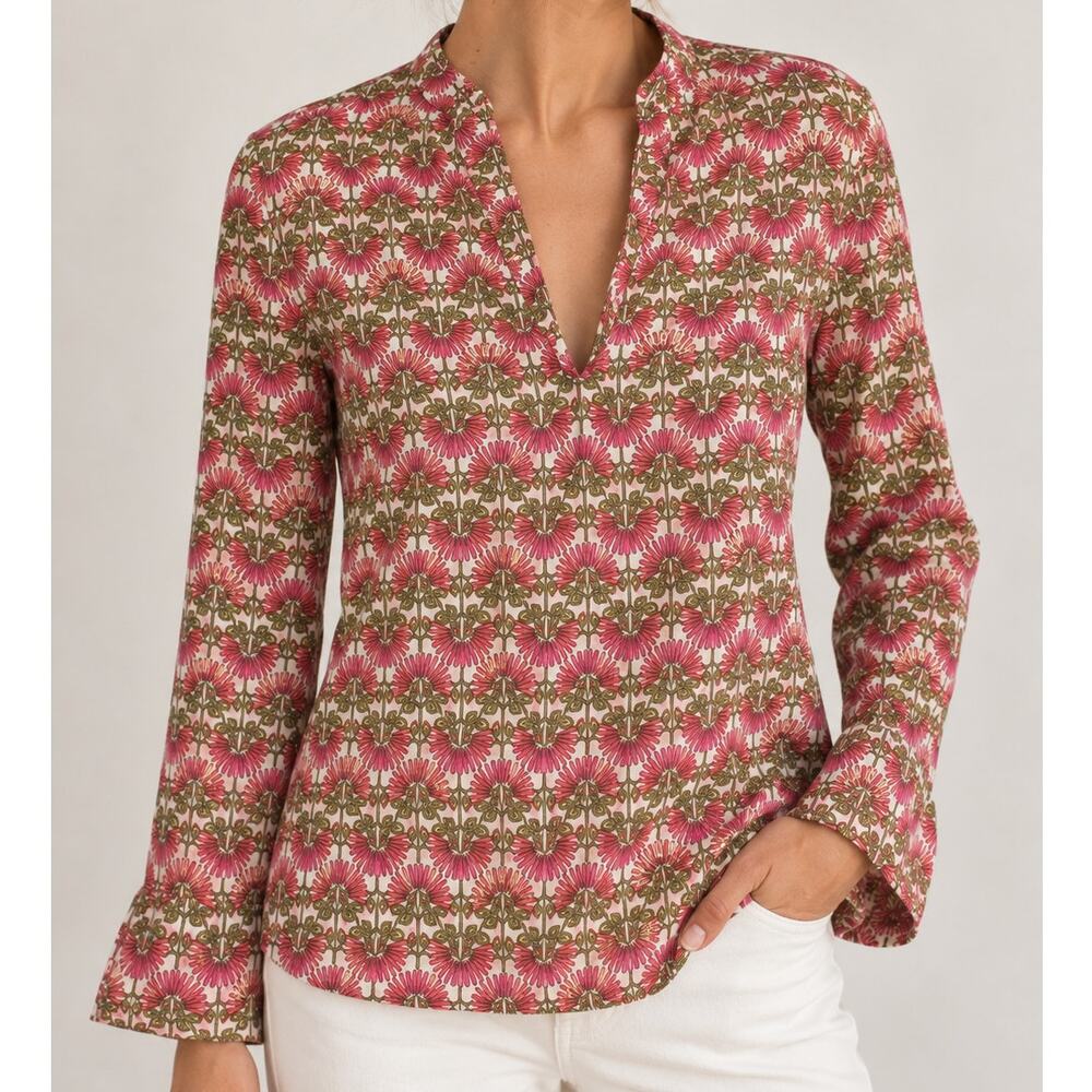 Tory Burch Size 4 Floral Cotton Tunic Top Pink Green Long Sleeve Boho Y2K Small